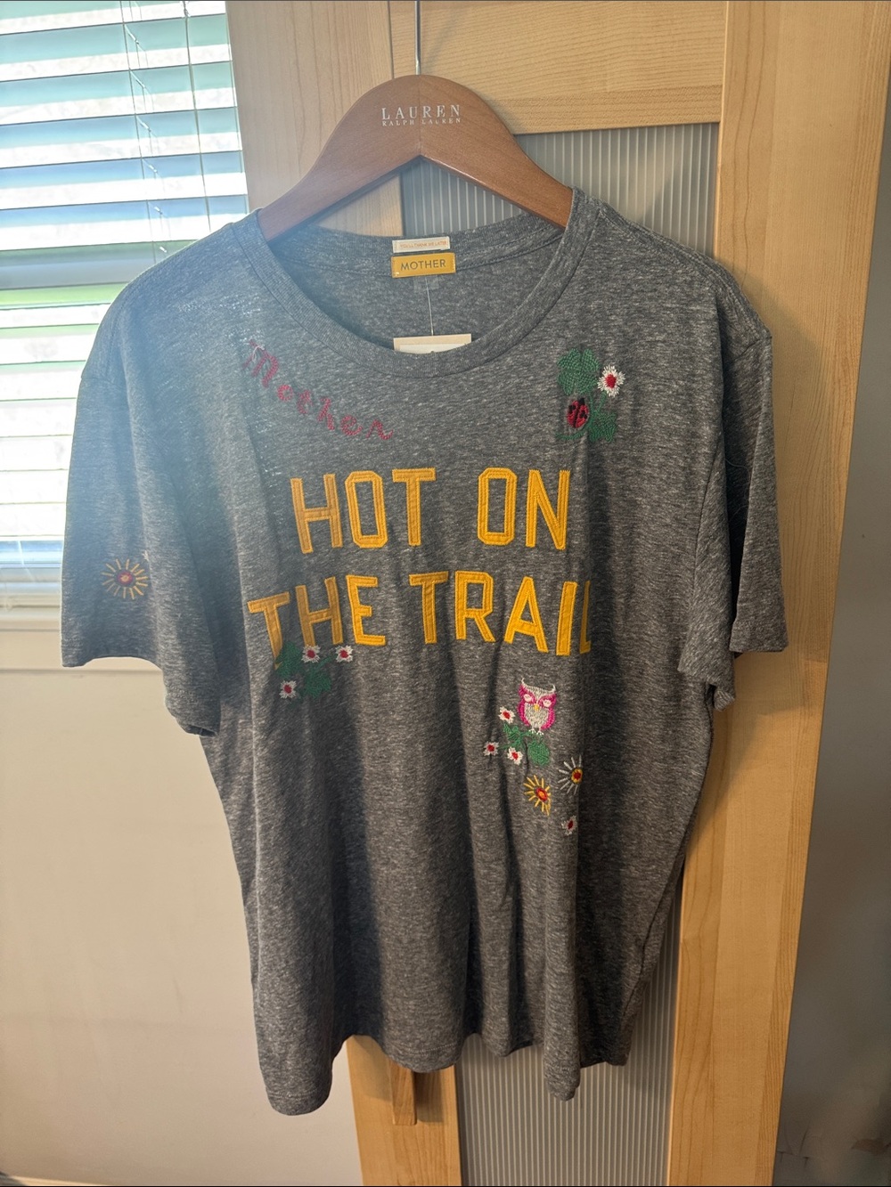 MOTHER Gray Tee with Yellow 'Hot On The Trail' Text and Floral Embroidery